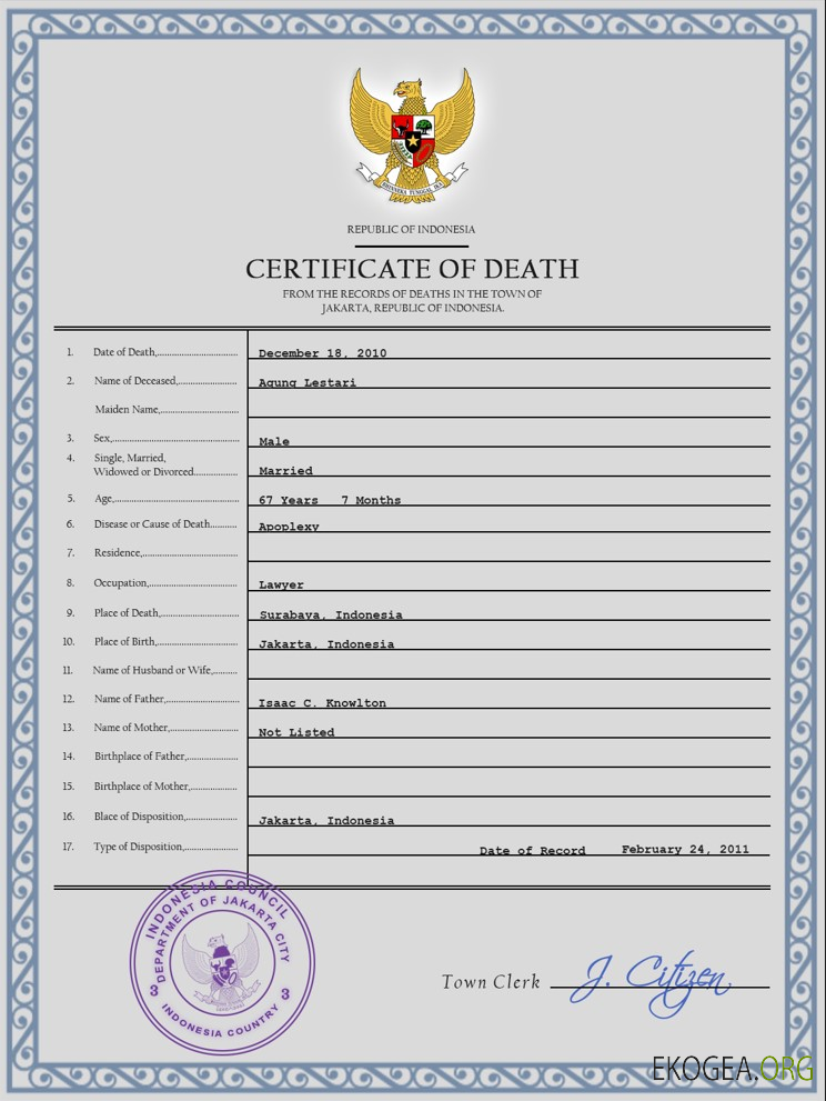 Modèle PSD de certificat de décès d'état civil indonésien